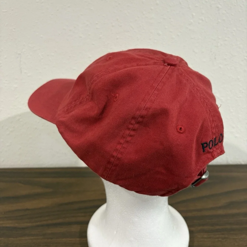 Vtg Polo Ralph Lauren Red Cotton Chino Baseball Cap Black Pony Logo Hat Spellout